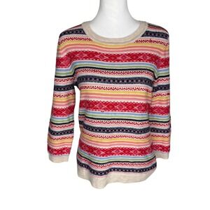 Talbots Fair Isle Striped Sweater Womens Medium Lambswool Blend Back Zip 3/4 Slv